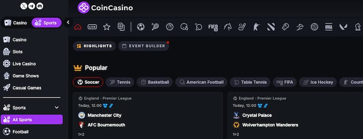 A view of CoinCasino desktop dashboard, part of the top Delaware sportsbooks.
